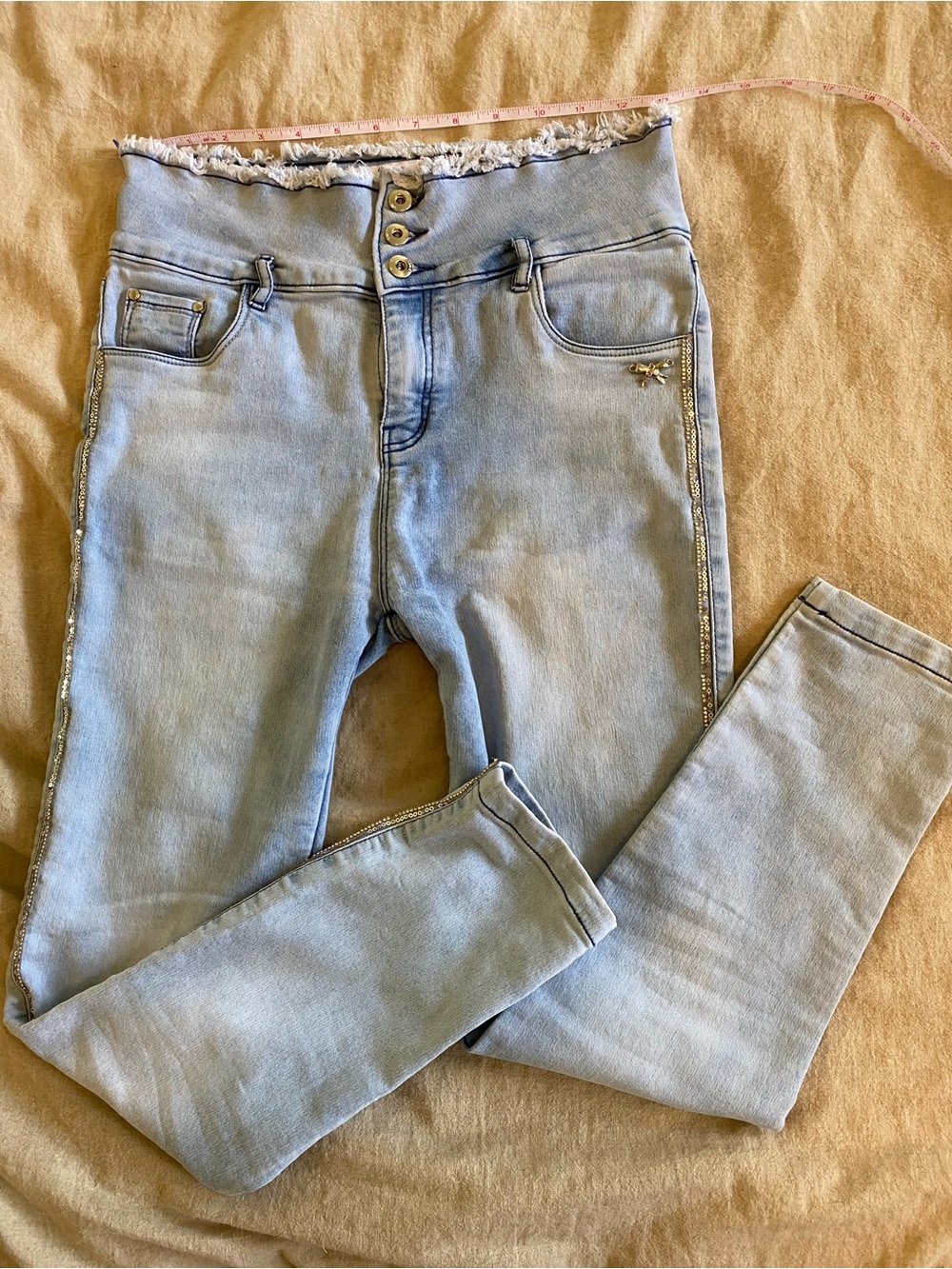 High-Rise Light Blue Skinny Jeans with Side Sparkle Trim